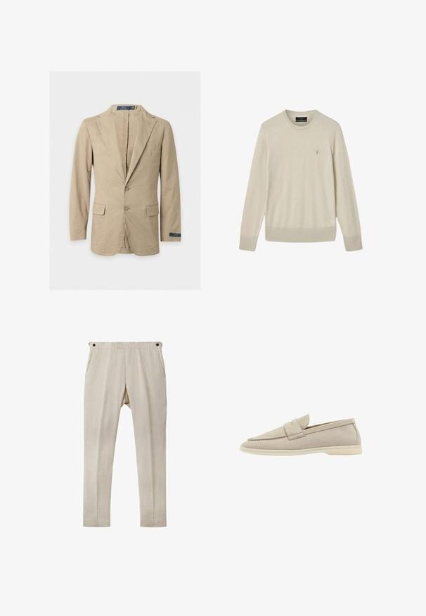 Beige blazer med to knapper, hakkede revers, forlommer med klap, brystlomme og Polo Ralph Lauren-mærke på ærmet og indersiden af kraven.; Beige langærmet sweater med rund hals og ribstrikkede manchetter og kant, med en lille broderet logo på venstre bryst.; Beige linnedragt med lige snit, der har to sidelommer og sorte knapdetaljer ved taljen. Glat, let tekstur.; Beige ruskind slip-on sko med rund tå, frontaccentbånd og en let gummisål. Glat tekstur og minimalistisk design.