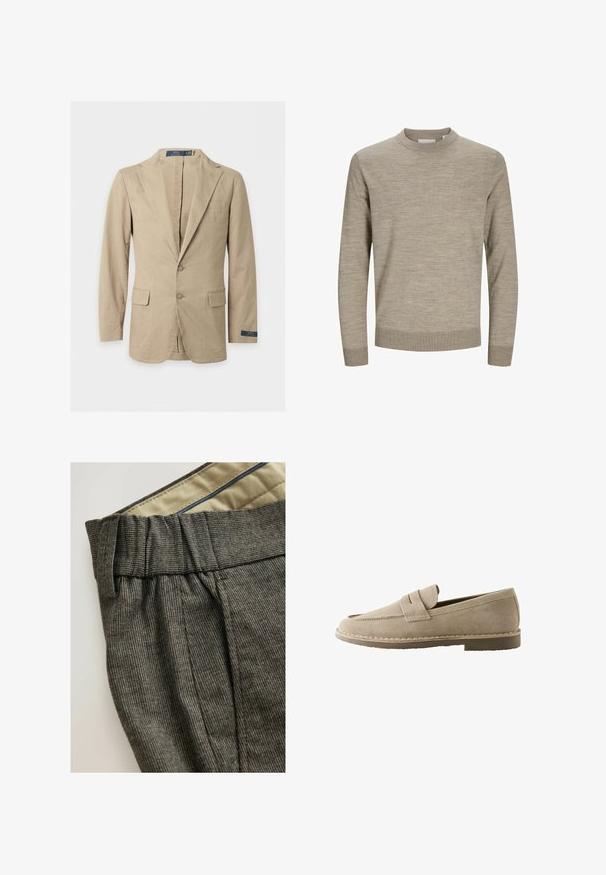Béžové dvojgombové sako s výrezovými klopami, prednými vreckami s chlopňou, náprsným vreckom a štítkom Polo Ralph Lauren na rukáve a vo vnútri goliera.; Béžový dlhý rukáv sveter s okrúhlym výstrihom, s rebrovanými manžetami a lemom, zobrazený na bielom pozadí.; Sivé textúrované nohavice s plisovaným pásom a kontrastnou vnútornou podšívkou. Obsahujú jemné vzory a majú zprávny strih.; Béžový semišový mokasín na jednoduché nazutie s prešitým pásikom, nízkym podpätkom a gumovou podrážkou, zobrazený z boku na bielom pozadí.