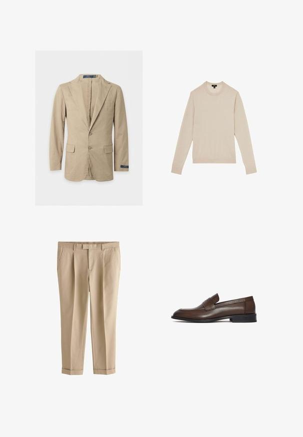 Beige tweeknopsblazer met inkeping revers, voorflapzakken, borstzak en Polo Ralph Lauren label op de mouw en aan de binnenkant van de kraag.; Licht beige lange mouwen trui met een ronde hals. Gemaakt van zachte stof, met ribgebreide manchetten en onderrand. Minimalistisch ontwerp zonder patronen.; Beige op maat gemaakte broek met zijzakken, riemlussen, ritssluiting aan de voorkant en omslagzomen, ontworpen voor een slanke, formele pasvorm.; Bruine leren penny loafer met lage zwarte hak en gestikte details, zijaanzicht tegen een witte achtergrond.