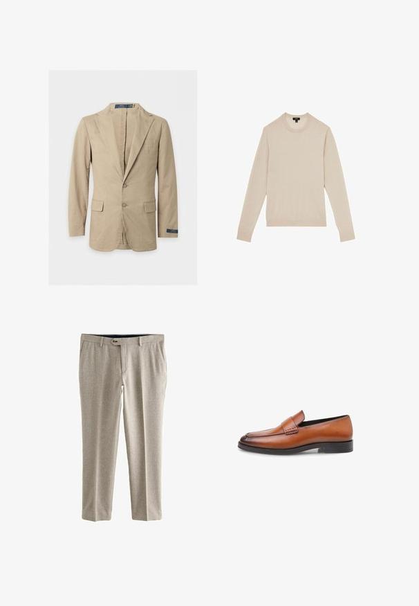 Beige tweeknopsblazer met inkeping revers, voorflapzakken, borstzak en Polo Ralph Lauren label op de mouw en aan de binnenkant van de kraag.; Licht beige lange mouwen trui met een ronde hals. Gemaakt van zachte stof, met ribgebreide manchetten en onderrand. Minimalistisch ontwerp zonder patronen.; Lichtgrijze op maat gemaakte broek met een gestructureerde stof, voorplooien, een taille met riemlussen en een ritssluiting met een knoopsluiting.; Bruine leren loafers met een glad oppervlak, licht afgeronde neus, decoratieve stiksels en een minimale zwarte rubberen zool.