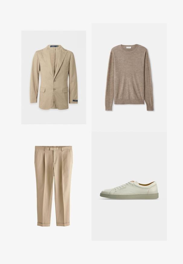 Beež kahekordse nööpidega bleiser sälgudega kraega, esiosal klapiga taskud, rinnatasku ja Polo Ralph Laureni sildiga varrukal ning krae sees.; Bež kampsärg, mis on valmistatud peenest kudumist. Omab ümmargust kaelust, pikki varrukaid ning ribakogud ja põhi. Lihtne ja klassikaline disain.; Beeži värviga kohandatud püksid küljetaskute, vööaasa, ees oleva luku ja mansettidega äärega, kujundatud saledale ja formaalsele sobivusele.; Valge madala säärega nahast toss beežide taldadega, külgmise paeltega ja minimaalse õmblusedetailidega, kujutatud ühetoonilisel heledal hallil taustal.