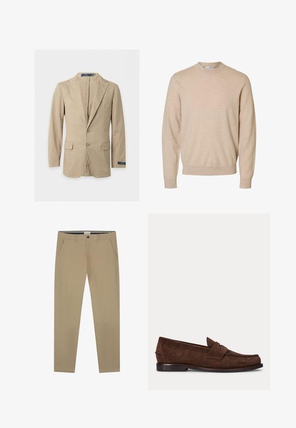 Beež kahekordse nööpidega bleiser sälgudega kraega, esiosal klapiga taskud, rinnatasku ja Polo Ralph Laureni sildiga varrukal ning krae sees.; Beež pika varrukaga ümara kaelusega kampsun, valmistatud pehmest kudumist, soonikkäiste ja -äärega, mõeldud meestele.; Beige chinos, mis valmistatud siledast puuvillast, sirge sääredisainiga, ühe nupuga kinnitamine ja kaks külgtaskut. Peened õmbluse detailid.; Pruun seemisnahast penny loafer madala kandaga ja nähtavate õmblustega varba, külje ja selja ümber, kuvatud ühtlasel heledal taustal.