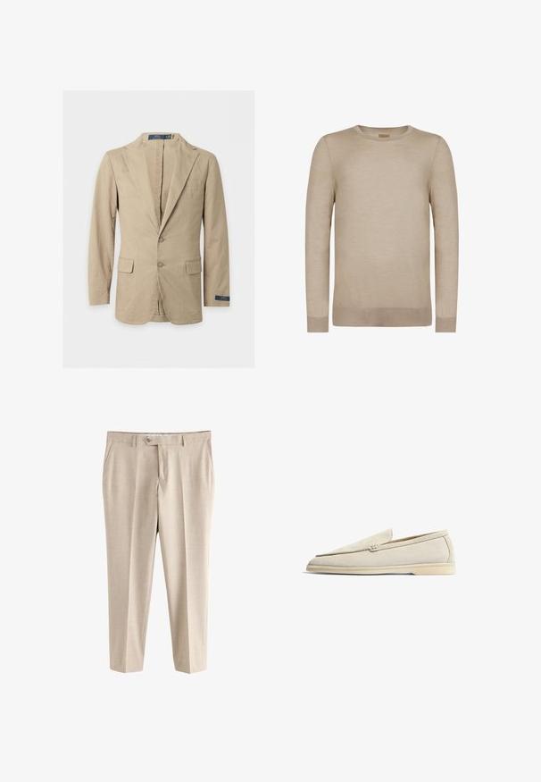 Beige blazer med to knapper, hakkede revers, forlommer med klap, brystlomme og Polo Ralph Lauren-mærke på ærmet og indersiden af kraven.; Beige langærmet crewneck-trøje med ribstrikkede manchetter og kant, sømløst design og blødt strikket stof.; Beige formelle bukser med bæltestropper, sidelommer, knaplukning og lynlås, vist mod en hvid baggrund.; Scarosso LUDOVICO - Loafers - sand suede