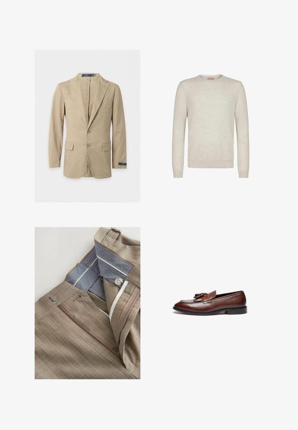 Beige blazer med to knapper, hakkede revers, forlommer med klap, brystlomme og Polo Ralph Lauren-mærke på ærmet og indersiden af kraven.; Beige crew-neck sweater lavet af blødt strikstof. Har lange ærmer samt ribbede manchetter og kant. Minimalistisk design med en glat tekstur.; Brune stribede bukser med en lynlås-lomme, blå inderforing og hvide syninger. Har en klassisk pasform og bæltestropper.; Brune læder loafers med en glat finish, dekorative kvaster, en rund tå og en lav sort gummisål.