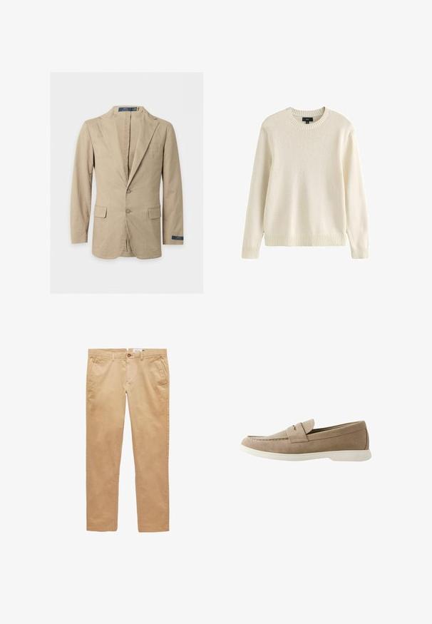 Beige blazer med to knapper, hakkede revers, forlommer med klap, brystlomme og Polo Ralph Lauren-mærke på ærmet og indersiden af kraven.; Flødefarvet langærmet strikket sweater med ribstrikket rund hals, ærmegab og kant, mærket størrelse medium fra mærket Next.; Beige bomuldsbukser med lige ben, bæltestropper, forlommer og knaplukning.; Beige ruskindslommer med hvid sål, rundet tå og syningsdetaljer, designet til afslappet eller semiformal brug, vist i sideprofil.