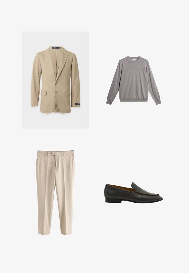 Beige tweeknopsblazer met inkeping revers, voorflapzakken, borstzak en Polo Ralph Lauren label op de mouw en aan de binnenkant van de kraag.; Grijze trui van zacht materiaal, met een ronde hals, geribde boorden en zoom, en een subtiel logo op de voorkant.; Beige formele broek met riemlussen, zijzakken, knoopsluiting en ritssluiting, weergegeven tegen een witte achtergrond.; Zwarte leren slip-on loafer met lage hak en een gladde afwerking, vanaf de zijkant getoond op een witte achtergrond.