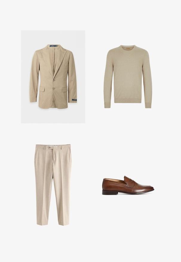 Beige blazer med to knapper, hakkede revers, forlommer med klap, brystlomme og Polo Ralph Lauren-mærke på ærmet og indersiden af kraven.; Beige striktrøje med lange ærmer, rund halsudskæring og ribbede cuffs og kant. Glat tekstur uden synlige mønstre eller dekorationer.; Beige formelle bukser med bæltestropper, sidelommer, knaplukning og lynlås, vist mod en hvid baggrund.; Brun læder herre loafer med syninger og lav sort hæl, vist fra siden på hvid baggrund.