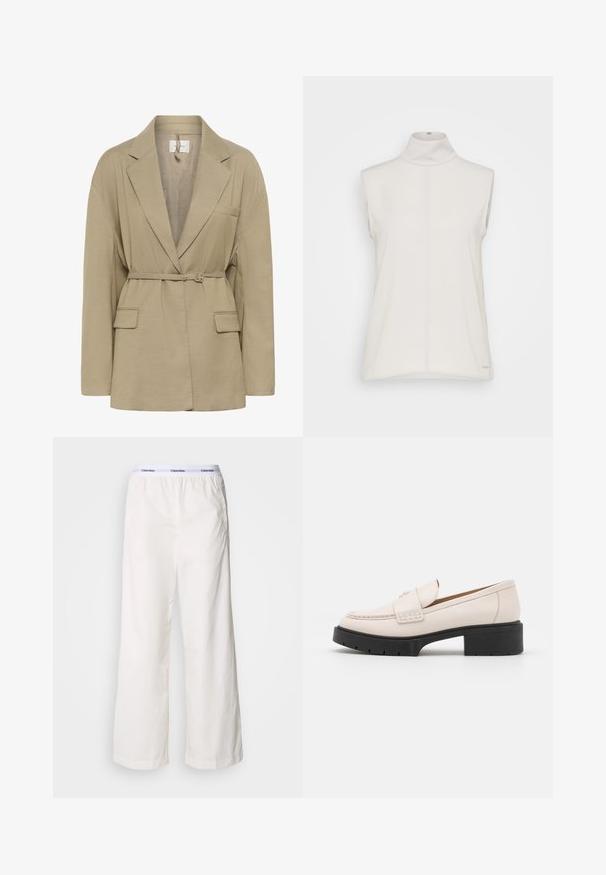 Blazer beige ajusté avec revers crantés, manches longues, deux poches à rabat devant, et une fine ceinture assortie qui se ferme à la taille.; Haut sans manches en tissu lisse, de couleur blanche, avec une couture centrale et une étiquette logo subtile en bas. Design minimaliste.; Pantalons larges blancs avec une taille élastique arborant un logo Calvin Klein en contraste. Fabriqués à partir d'un tissu lisse, ils offrent une coupe décontractée.; Mocassins en cuir beige clair avec un devant cousu et un talon platform texturé noir. Présente un design incurvé et une légère élévation.
