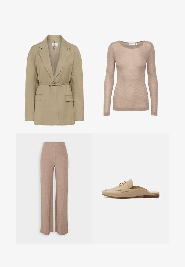 Blazer beige ajusté avec revers crantés, manches longues, deux poches à rabat devant, et une fine ceinture assortie qui se ferme à la taille.; Top beige à manches longues en tissu léger. Présente un col rond et une silhouette ajustée avec des détails de couture minimaux.; Pantalons larges en beige à côtes avec une taille haute et une texture douce, présentant une coupe loose et sans fermetures visibles.; Mocassin plat beige à enfiler avec bout arrondi, finition texturée, large bride et détail de boucle circulaire dorée sur fond blanc.