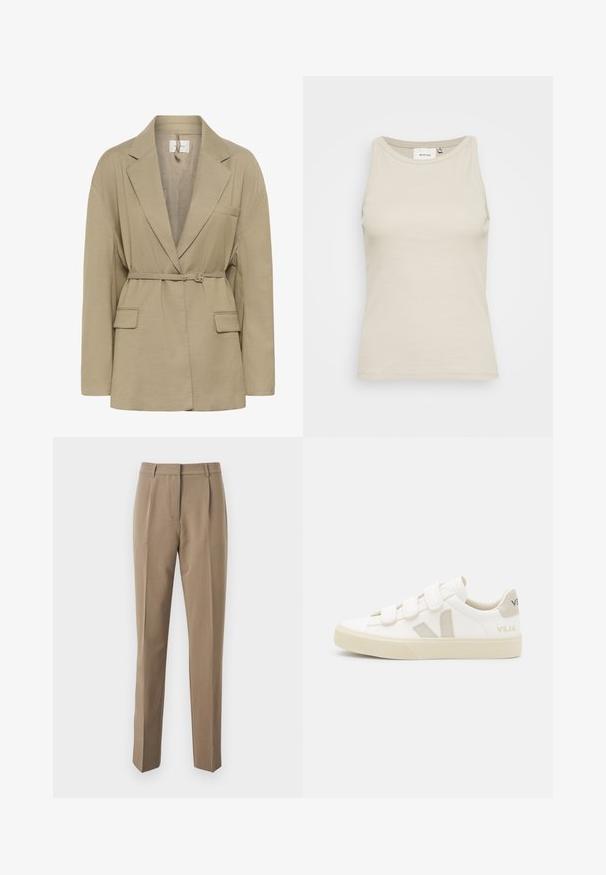 Blazer beige ajusté avec revers crantés, manches longues, deux poches à rabat devant, et une fine ceinture assortie qui se ferme à la taille.; Débardeur beige clair en tissu côtelé avec un col rond et une conception sans manches. Présente une étiquette de marque discrète à l'intérieur.; Pantalons tailleur marron en tissu lisse, présentant une coupe droite, des plis avant et une taille avec passants de ceinture.; Baskets blanches avec des bandes Velcro, accents en daim beige, semelle en caoutchouc texturée et logo V gris. Design minimaliste, forme arrondie.