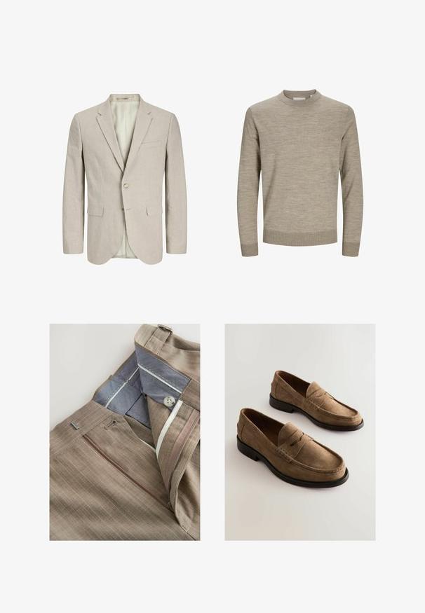 Lys beige blazer lavet af struktureret stof. Har to forlommer, en enkelt knaplukning og en notch-lapel. Foring indeni.; Beige langærmet rundhalset sweater med ribstrikkede ærmekanter og kant, vist på hvid baggrund.; Brune stribede bukser med en lynlås-lomme, blå inderforing og hvide syninger. Har en klassisk pasform og bæltestropper.; Brune ruskinds loafers med en mokkasin-design, syet detaljer og en glat lædersål. Har en diskret hævet søm over vristen.