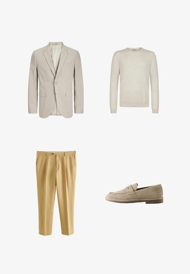 Lys beige blazer lavet af struktureret stof. Har to forlommer, en enkelt knaplukning og en notch-lapel. Foring indeni.; Beige crew-neck sweater lavet af blødt strikstof. Har lange ærmer samt ribbede manchetter og kant. Minimalistisk design med en glat tekstur.; Herre beige skræddersyede bukser med sidelommer, bæltestropper, knaplukning og front lynlås.; Beige ruskind slip-on loafer med en syningsdetalje på remmen, lav hæl og gummisål, vist fra siden på hvid baggrund.