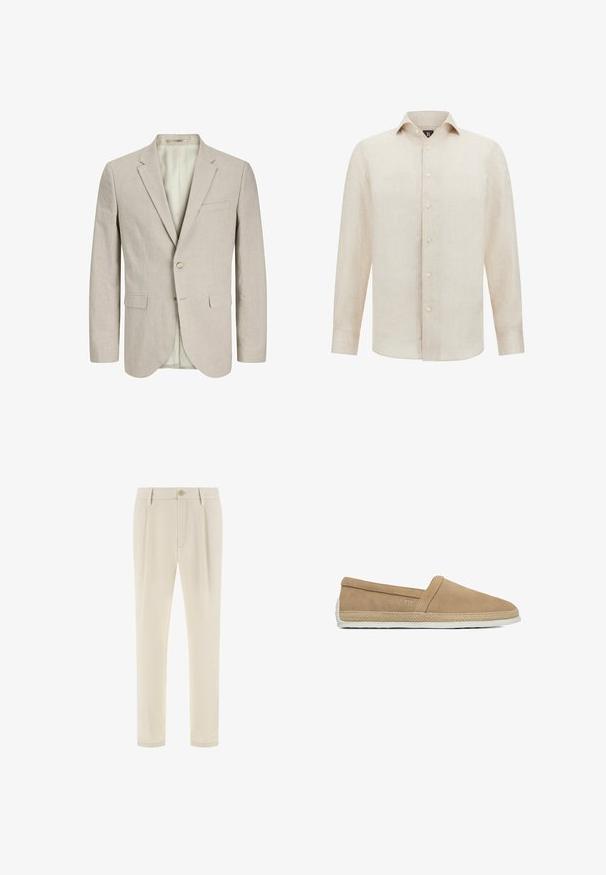 Helles beiges Blazer aus strukturiertem Stoff. Verfügt über zwei Fronttaschen, einen Knopfverschluss und einen Reverskragen. Mit gefüttertem Innenraum.; Beige Leinenhemd mit Knopfleiste, langen Ärmeln, klassischem Kragen und leicht abgerundetem Saum. Verfügt über schlichte weiße Knöpfe.; Beige maßgeschneiderte Hose mit Gürtelschlaufen, vorderem Knopfverschluss und geradem Bein.; Beiger Slip-On Freizeitschuh mit Wildlederoberteil, geflochtenem Jutebesatz rund um die Sohle und weißer Gummisohle.