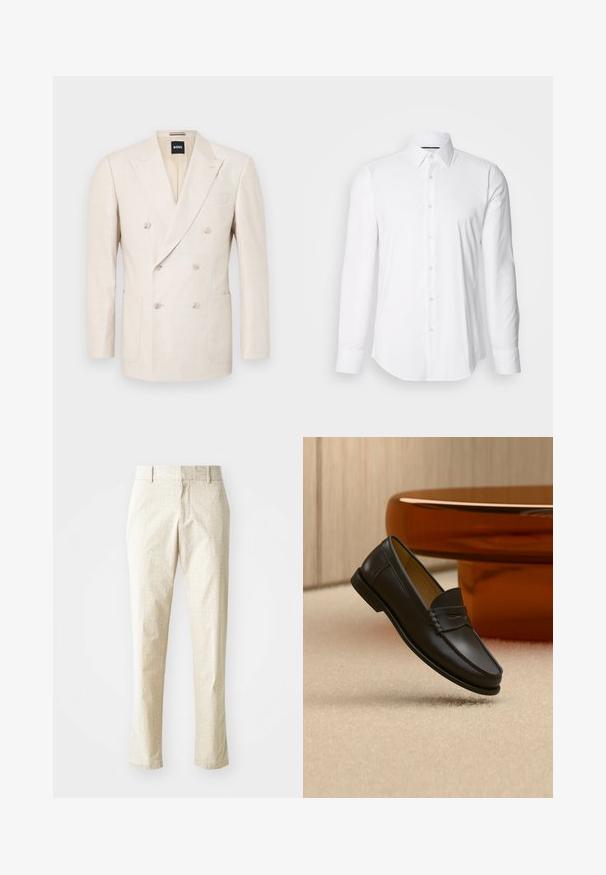 Blazer beige à double boutonnage en tissu texturé. Présente deux poches plaquées et un col cranté. Étiquette de marque visible à l'intérieur du col.; Chemise blanche à manches longues en tissu lisse, avec un col classique et une fermeture à boutons à l'avant, doté d'un ourlet arrondi. Les boutons ont une finition légèrement brillante.; Pantalons ajustés beige clair avec un motif texturé, coupe droite, et taille mi-haute, dotés de passants de ceinture et sans poches visibles.; Chaussure mocassin en cuir noir suspendue au-dessus d’un tapis beige avec du mobilier moderne couleur ambre en arrière-plan.