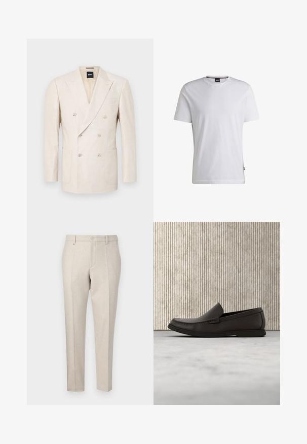 Blazer beige à double boutonnage en tissu texturé. Présente deux poches plaquées et un col cranté. Étiquette de marque visible à l'intérieur du col.; T-shirt blanc à manches courtes en coton. Doté d'un col rond et d'une étiquette de marque subtile sur le côté. Texture lisse et design simple.; Pantalon beige sur mesure en tissu texturé, avec une coupe classique, des plis repassés et des poches avant.; Mocassins en cuir marron foncé avec un bout arrondi, des détails de couture discrets et une semelle en caoutchouc basse. Texture lisse avec un ajustement flexible.