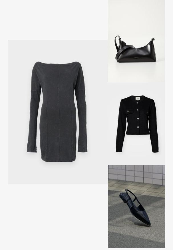 Sort cropped jakke med lange ærmer, struktureret stof, med rund hals, to frontlommer og metalknapdetaljer.; Sort, tætsiddende off-the-shoulder kjole med lange ærmer, har en glat tekstur og en subtil glans, med skræddersyede sømdetaljer gennem hele kjolen.; Sort slingback-flad sko med spids tå, svævende over en asfaltflade ved siden af en flisebelagt fortov.; Sort læderhåndtaske med en glat tekstur. Har en justerbar stropp og et enkelt, minimalistisk design med lynlås.