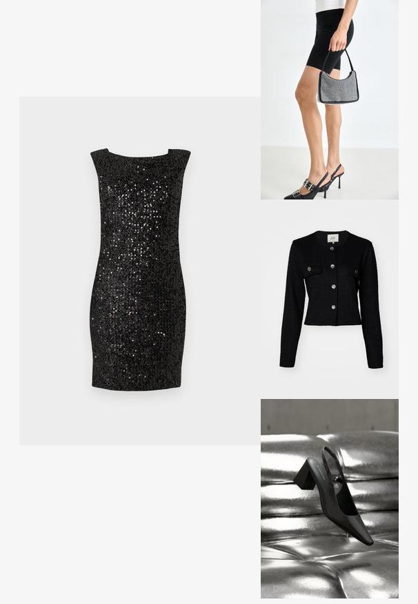Veste noire courte à manches longues, en tissu texturé, avec un col rond, deux poches avant et des détails de boutons métalliques.; Robe noire en sequins avec une coupe ajustée et un décolleté carré. La surface présente de nombreux sequins brillants pour un aspect texturé.; Escarpin noir à bride arrière avec bout pointu, présentant une surface texturée et un talon bloc épais. Posé sur un fond métallique brillant.; Sac à main à perles noires avec une silhouette courbée, une poignée de transport et une texture brillante. Porté avec des chaussures à talons hauts noires et un short noir ajusté.