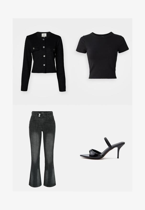 Sort cropped jakke med lange ærmer, struktureret stof, med rund hals, to frontlommer og metalknapdetaljer.; Sort cropped t-shirt lavet af solid bomuld, med korte ærmer og rund halsudskæring, med et glat og enkelt design.; Sort vasket denim jeans med høj talje, dobbelt knaplukning, forlommer og let udvidede ben.; Sort patentlæder sandal med høj, tynd stilethæle, firkantet tå og tynd rem over vristen, vist på hvid baggrund.