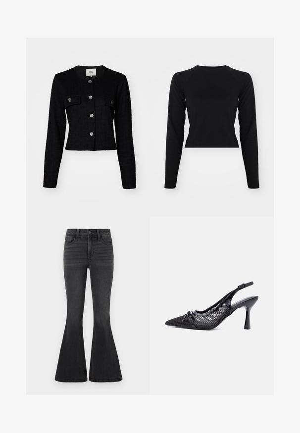 Sort cropped jakke med lange ærmer, struktureret stof, med rund hals, to frontlommer og metalknapdetaljer.; Sort langærmet crop top med rund hals og raglanærmer. Glat tekstur, minimalistisk design og ingen synlige mønstre eller hardware.; Sorte flared jeans i denim med ensfarvet design, der har et standard liv, fem lommer og diskrete syninger foran.; Sort spids slingback højhælet sko med mesh bikagemønster og lille dekorativ sløjfe foran.