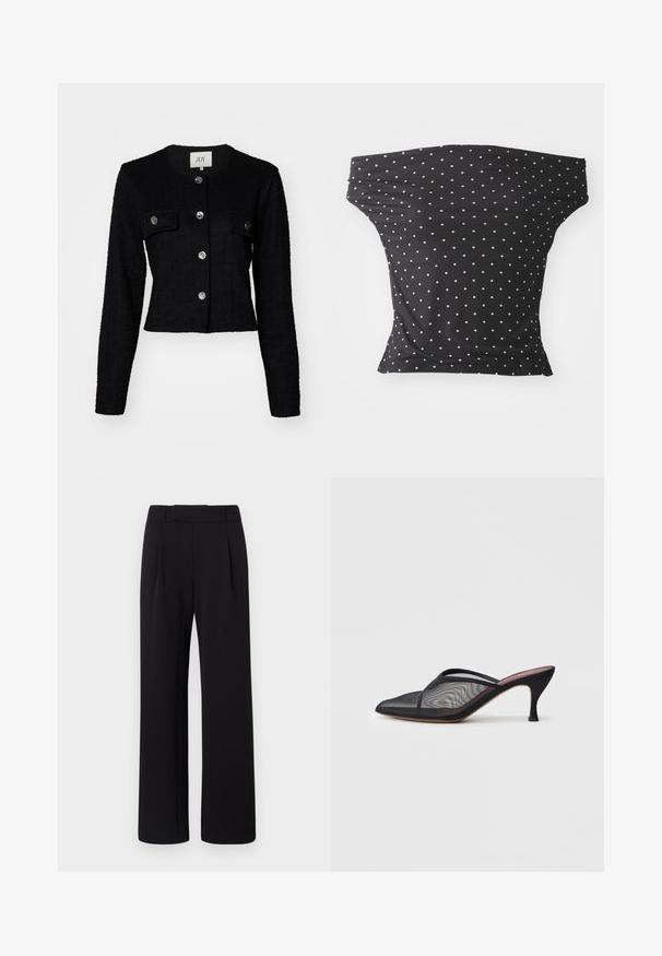 Chaqueta negra corta con mangas largas, tejido texturizado, con cuello redondo, dos bolsillos frontales y detalles de botones metálicos.; Top negro sin mangas, hecho de una tela elástica, con lunares blancos, con un diseño ajustado y una textura suave.; Pantalones negros de pierna ancha hechos de un tejido suave; cuentan con una cinturilla con pasadores para cinturón y pliegues frontales; diseño limpio y ajustado.; Mule de rejilla negra con punta afilada, tiras delgadas y tacón de aguja de 3 pulgadas. Presenta una textura transparente y una suela tonal sólida.