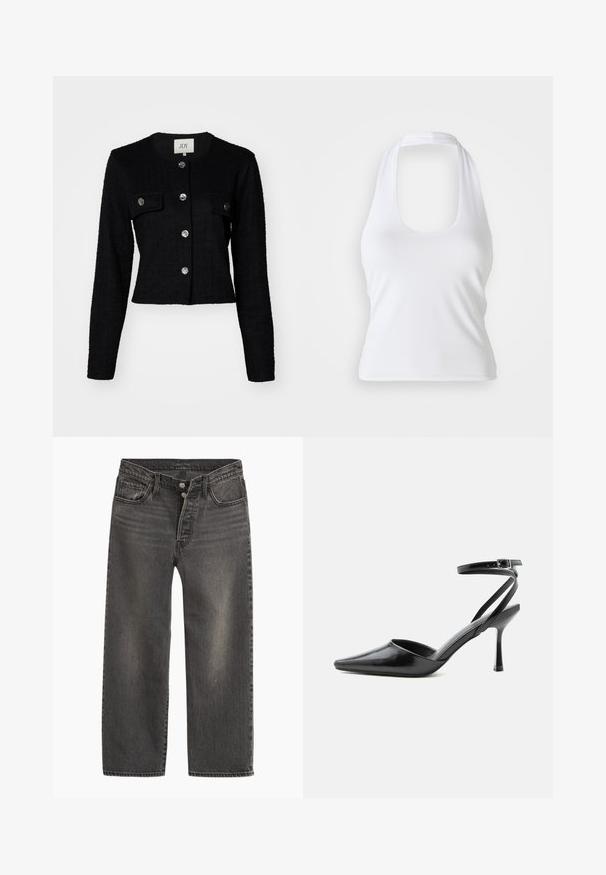 Sort cropped jakke med lange ærmer, struktureret stof, med rund hals, to frontlommer og metalknapdetaljer.; Hvid halterneck top med scoop-udskæring, lavet af glat, strækbart stof. Har et minimalistisk design uden dekorative elementer eller mønstre.; Sorte denimjeans med lige ben, høj talje og knaplukning. Har subtil falmning og kontrastsyninger.; Sort spids højhælet sko med tynde ankelremme og sølvspænde på en ensfarvet lys baggrund.