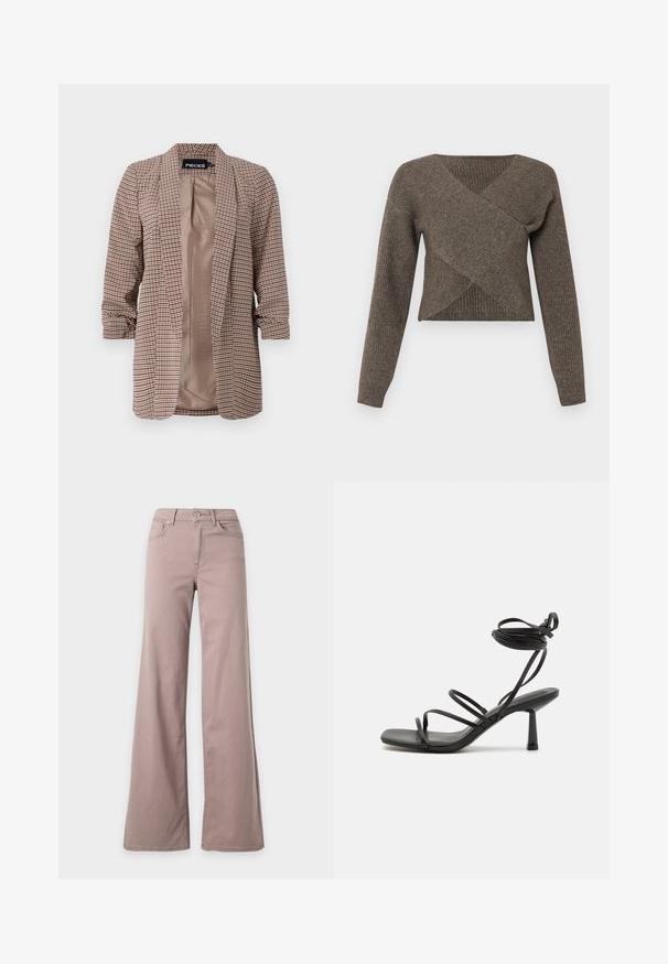 Rutet blazer i brune nuancer med en lys inderside, lange ærmer opsmøgget ved manchetterne og en skræddersyet pasform.; Brun crossover sweater med lange ærmer, ribbet tekstur og dyb v-udskæring, lavet af blødt strikkemateriale. Korte design.; Bukser med høj talje og vide ben i lys mauve med forlommer, bæltestropper og knaplukning foran på en ensfarvet baggrund.; Sort strappy sandal med firkantet tå, justerbare ankelbind og en slank, blokhæl. Fremstillet af et glat, holdbart materiale.