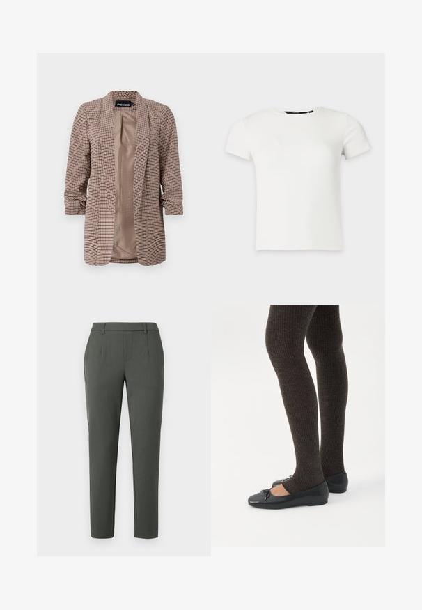 Blazer à carreaux dans des tons de marron avec une doublure intérieure claire, manches longues retroussées aux poignets et coupe cintrée.; T-shirt blanc à manches courtes en maille côtelée avec col rond, présenté sur un fond uni gris clair.; Pantalon vert foncé avec une coupe ajustée, doté de deux poches latérales, d'une braguette zippée et de détails de pli pour un design structuré.; Jambes portant des leggings côtelés foncés associés à des ballerines noires avec de petits détails en nœud sur fond blanc.