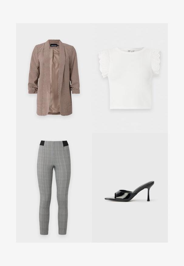 Blazer à carreaux dans des tons de marron avec une doublure intérieure claire, manches longues retroussées aux poignets et coupe cintrée.; Haut en maille blanc à manches courtes avec encolure ronde et détails en dentelle ajourée à volants sur les manches.; Leggings à carreaux gris avec un design ajusté, dotés d'une taille élastique noire et de poches latérales. Tissu texturé avec un motif à carreaux.; Mules noirs en cuir verni à bout ouvert avec une sangle étroite et un talon aiguille. Texture lisse et design minimaliste avec une semelle plate.