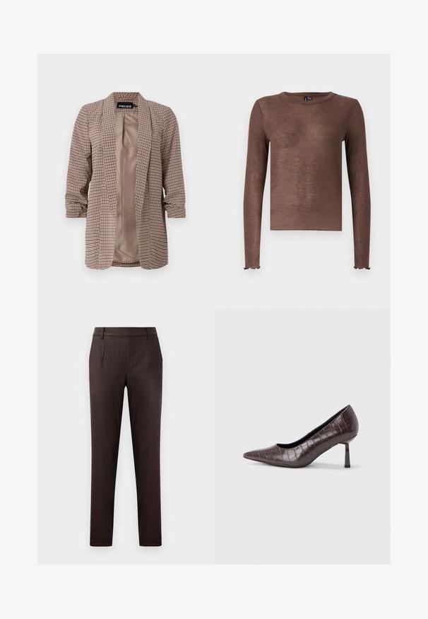 Blazer à carreaux dans des tons de marron avec une doublure intérieure claire, manches longues retroussées aux poignets et coupe cintrée.; Haut marron à manches longues avec un col rond, fabriqué dans un matériau doux et légèrement transparent. Il présente des poignets froncés et un ourlet droit.; Pantalons taillés marron avec une texture lisse, dotés de poches avant, d'un design à plat à l'avant et d'une silhouette ajustée.; Escarpins à bout pointu en similicuir marron avec une texture crocodile, dotés d’un talon fin et angulaire ainsi que d’une doublure intérieure lisse.