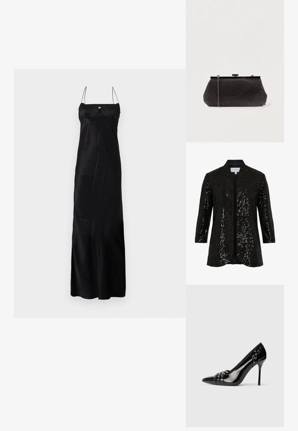 Veste noire à sequins avec un col châle, ouverture sur le devant et manches longues. Présente un tissu texturé et une doublure lisse.; Anna October TULIP MAXI DRESS - Robe de cocktail - black; Chaussure à talon aiguille en cuir verni noir avec bout pointu, trois lanières décoratives avec clous, et logo "Karl Lagerfeld" sur le talon.; Pochette noire en mesh avec une silhouette structurée, ornée de petits clous métalliques, dotée d'une fermeture à clip et d'une bandoulière en chaîne détachable.