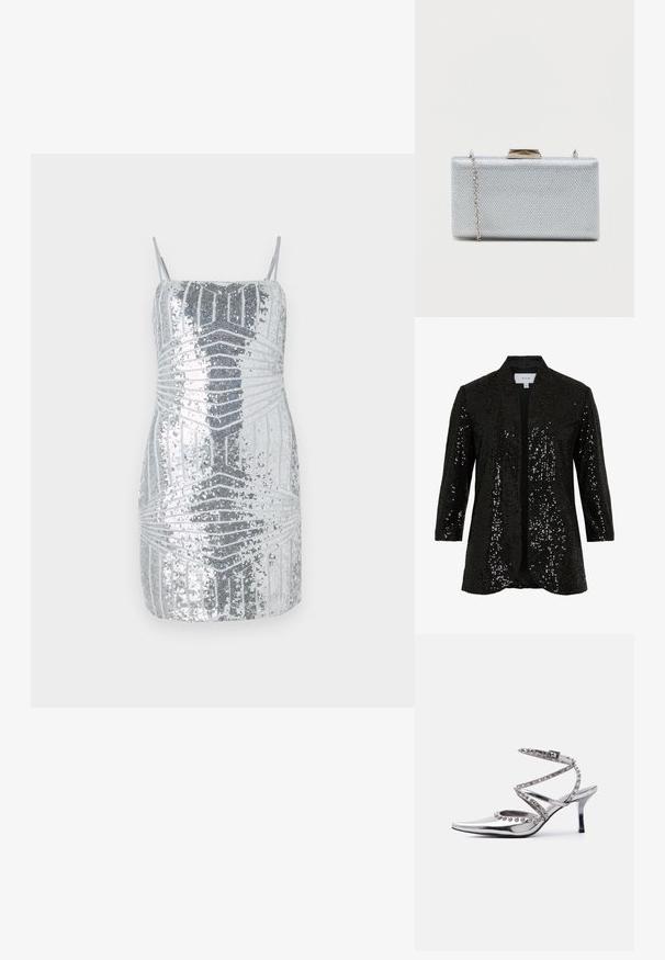 Veste noire à sequins avec un col châle, ouverture sur le devant et manches longues. Présente un tissu texturé et une doublure lisse.; Robe mini en sequins argentés avec des bretelles fines, présentant un motif géométrique dans des nuances variées de gris, créant un effet visuel texturé.; Chaussure à talon haut argentée à bout pointu avec bride à la cheville et clous décoratifs en forme de boules argentées sur les lanières et les bords, sur fond blanc.; Clutch rectangulaire en argent fabriqué en tissu métallique texturé, avec une fermeture à fermoir et une chaîne amovible pour le transport.