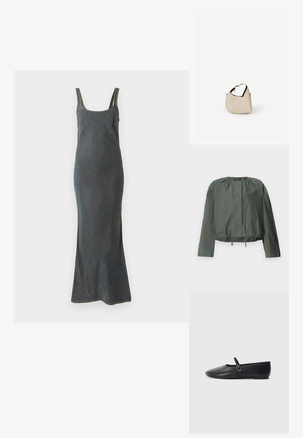 Veste cropped vert khaki avec des manches longues, des détails froncés au niveau du col, deux poches avant et un ourlet réglable avec cordon.; Robe maxi en denim bleu foncé avec de fines bretelles, encolure dégagée et couture contrastante le long des bords et des coutures.; Ballerines noires en cuir avec un bout pointu, une semelle plate et une petite sangle avec un détail de boucle en argent.; Sac à main en cuir beige en forme de croissant avec une seule bandoulière et des coutures minimalistes, posé sur un fond blanc uni.
