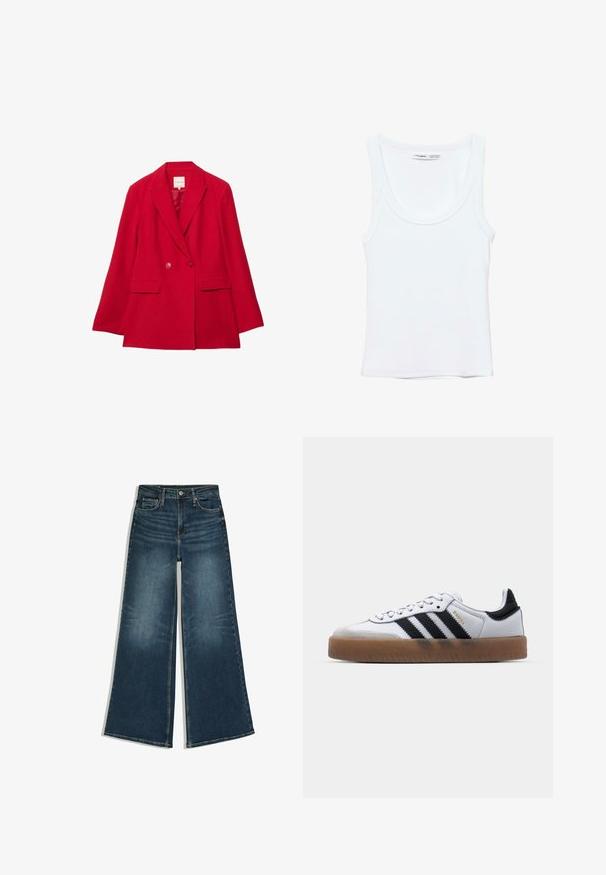 Blazer en laine rouge avec un revers à encoche, fermeture à deux boutons et deux poches avant. Doté d'une doublure intérieure lisse et d'une coupe ajustée.; Débardeur blanc uni sans manches avec encolure arrondie, fabriqué en tissu doux, étiquette à l'intérieur du col indiquant la marque et la taille.; Jean en denim bleu à jambes larges avec bouton sur le devant et poches, posé à plat sur fond blanc.; Baskets en cuir blanc avec des rayures noires, semelle extérieure en caoutchouc beige, bout rond, fermeture lacée et embout en suède gris doux.