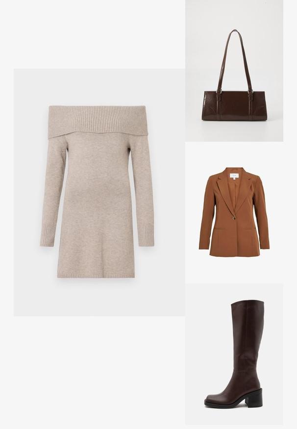 Brun, skræddersyet blazer med en enkelt knaplukning, notch-lapper og to forlommer. Fremstillet af tekstureret stof.; Beige off-shoulder sweater, strikket tekstur, lange ærmer, ribbet halsudskæring og manchetter, midt-lår længde, glat stoffsammensætning.; Mørkebrune knælange læderstøvler med afrundet firkantet tå og tyk blokhæl på hvid baggrund.; Brun lakeret håndtaske med rektangulær form, to lange håndtag og subtile buede detaljer på fronten.