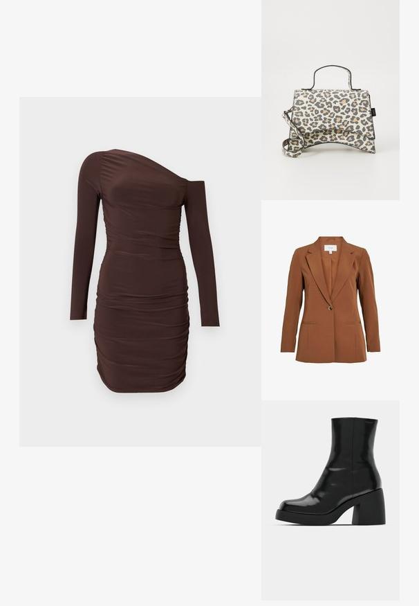 Bruine, op maat gemaakte blazer met een enkele knoopsluiting, met revers en twee voorzakken. Gemaakt van gestructureerde stof.; Bruine mini-jurk met een schouder, gerimpeld, met lange mouwen en een getailleerd silhouet tegen een effen achtergrond.; Zwarte enkellaarzen met een glanzende afwerking, vierkante neus en een dikke blokhak. Het ontwerp heeft een naadloze silhouet en minimale branding.; Tasje met luipaardprint en een gestructureerd ontwerp, voorzien van een handvat aan de bovenkant en een afneembare schouderband. Gemaakt van glad materiaal met zwarte accenten.