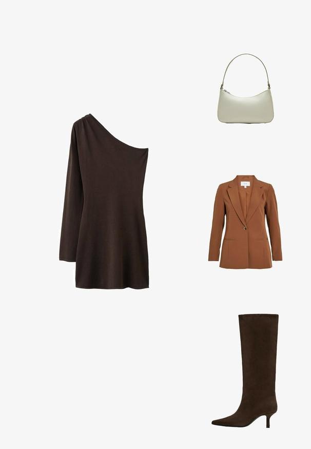 Brun, skræddersyet blazer med en enkelt knaplukning, notch-lapper og to forlommer. Fremstillet af tekstureret stof.; Brun, top med én skulder og langærme på den ene side. Blødt, strækbart stof med glat tekstur; enkelt, udekoreret design.; Høj mørkebrun ruskind knæhøj støvle med spids tå og lav, tynd hæl.; Hobo taske i lys beige læder med en rund silhuet, slank skulderrem og lynlåslukning øverst. Glat tekstur med minimale accenter.