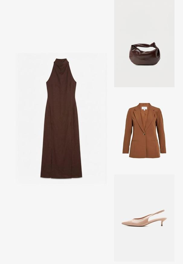 Brun, skræddersyet blazer med en enkelt knaplukning, notch-lapper og to forlommer. Fremstillet af tekstureret stof.; Ærmeløs mørkebrun maxikjole med høj hals og tætsiddende talje, med sideslids fra knæ til kant.; Beige patentlædersenden skobåndsandal med spids tå og lav kittenhæl, vist i profil mod en hvid baggrund.; Mørkebrun læder skuldertaske med en blød, afslappet form og et snoet knudehåndtag på en ensartet hvid baggrund.