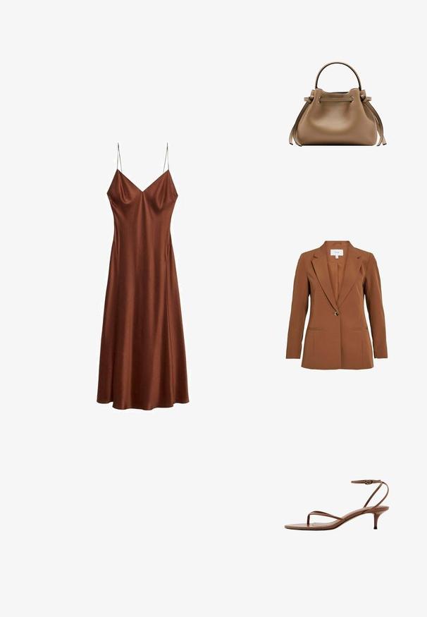 Brauner, taillierter Blazer mit einem Ein-Knopf-Verschluss, abgeschrägten Revers und zwei vorderen Taschen. Hergestellt aus einem strukturierten Stoff.; Braunes Satinkleid mit dünnen Spaghettiträgern und leicht ausgestelltem Saum, mit V-Ausschnitt und glatter Textur.; Braune Leder-Hochabsatzsandale mit dünnen Riemen, Zehenring und Knöchelriemen auf einem kleinen Absatz.; Braune Lederhandtasche mit einem einzelnen oberen Griff, Zugbandseiten und einer glatten, leicht strukturierten Oberfläche vor weißem Hintergrund.