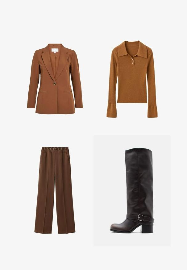 Brun, skræddersyet blazer med en enkelt knaplukning, notch-lapper og to forlommer. Fremstillet af tekstureret stof.; Brun ribbet langærmet top med kraveudskæring og tre knapper. Har udvidede ærmekanter og en blød tekstur.; Brune bukser med lige ben, sidelommer og en stribet elastisk talje, skræddersyet til en afslappet pasform.; Mørkebrun læderstøvle til knæet med rund tå, lav blokhæle og dekorativ rem med sølvspænde ved anklen.