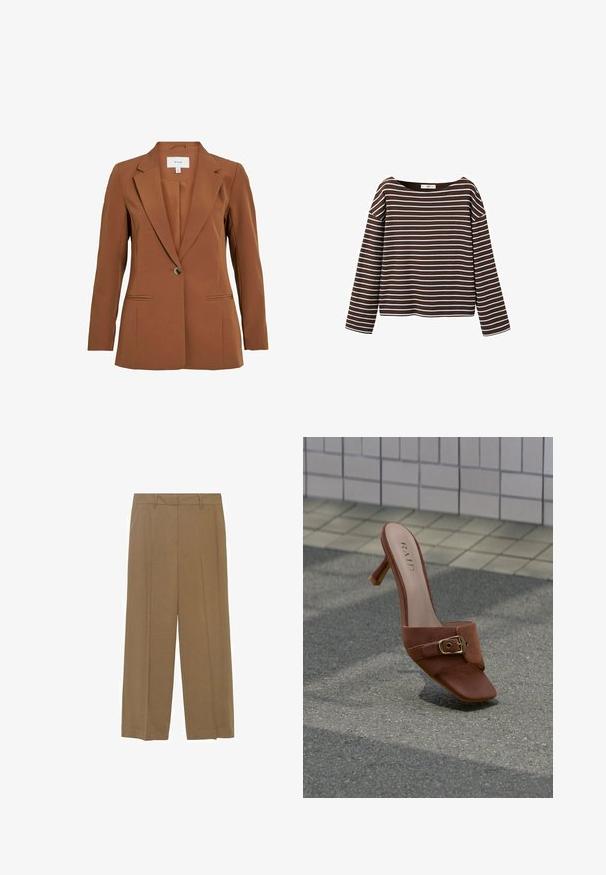 Brun, skræddersyet blazer med en enkelt knaplukning, notch-lapper og to forlommer. Fremstillet af tekstureret stof.; Brun langærmet skjorte med hvide vandrette striber og en bred rund halsudskæring, vist mod en hvid baggrund.; Bredde bukser lavet af letvægtsstof i en ensfarvet brun farve, med frontfolder og et tætsiddende talje. ; Brun læder mule med hæl, guldlås og firkantet tå, stående oprejst på grå fortov nær flisebelagt væg.