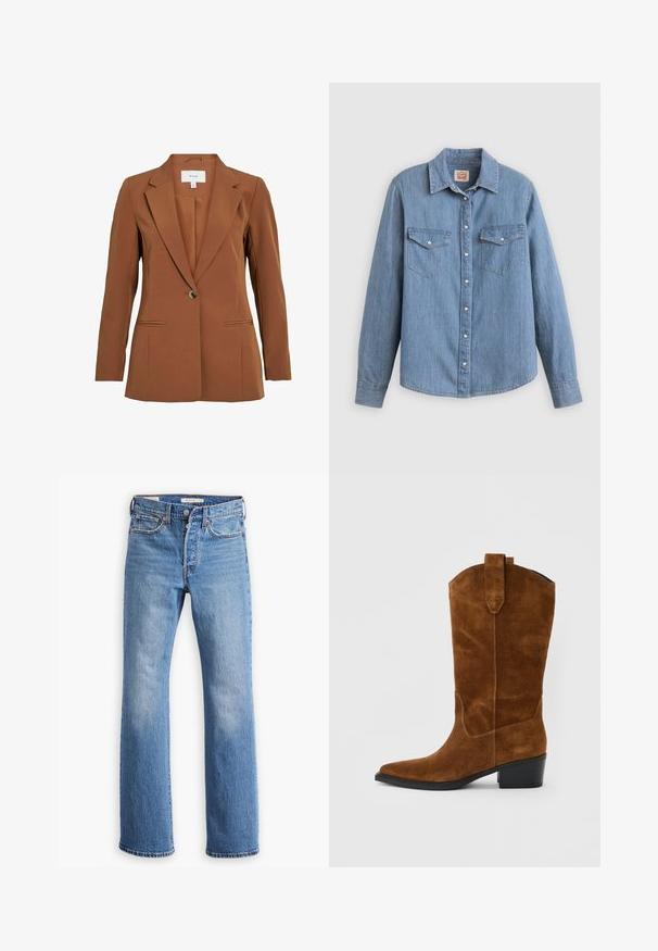 Brauner, taillierter Blazer mit einem Ein-Knopf-Verschluss, abgeschrägten Revers und zwei vorderen Taschen. Hergestellt aus einem strukturierten Stoff.; Hellblaues Jeanshemd mit langen Ärmeln, Knopfleiste vorne, zwei Brusttaschen und klassischem Kragen. Glatte Textur und lockere Passform.; Blaue Jeans aus Denim mit geradem Bein, hoher Taille, klassischer Fünf-Taschen-Optik und auffälligen Verblassungen an den Oberschenkeln.; Brauner Wildleder-Westerstiefel mittlerer Schafthöhe mit spitzer Zehe, Zuglaschen und gestapeltem schwarzen Absatz vor hellem grauem Hintergrund.