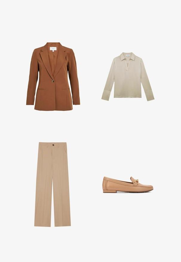 Brun, skræddersyet blazer med en enkelt knaplukning, notch-lapper og to forlommer. Fremstillet af tekstureret stof.; Beige bluse med lange ærmer, V-hals og manchetter med knapper, vist på hvid baggrund.; Beige brede bukser med en glat tekstur, der har to sidelommer, en frontlukning med knap og diskrete plisseringer for at tilføje detaljer.; Lysebrune læder loafers med guldfarvet hardware, flad sål og syning langs siderne. Glat tekstur.