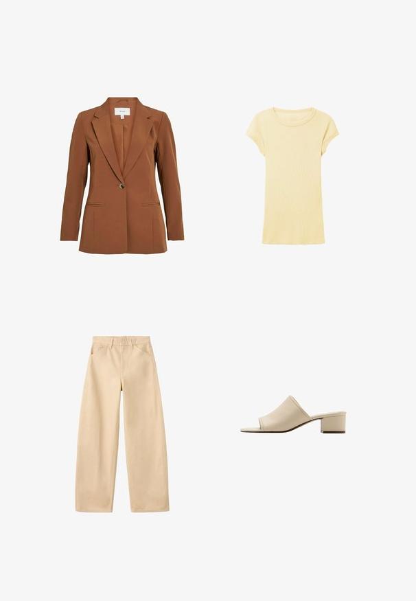 Bruine, op maat gemaakte blazer met een enkele knoopsluiting, met revers en twee voorzakken. Gemaakt van gestructureerde stof.; Geel geribd topje met korte mouwen, ronde hals en licht opgerolde manchetten, getoond tegen een witte achtergrond.; Beige broek met wijde pijpen, riemlussen, steekzakken aan de voorkant en een strak, eenvoudig ontwerp, plat neergelegd op een witte achtergrond.; Beige open-toe mule sandaal met lage blokhak en glad leren bovenwerk, zijaanzicht op een witte achtergrond.