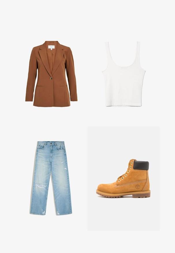 Brun, skræddersyet blazer med en enkelt knaplukning, notch-lapper og to forlommer. Fremstillet af tekstureret stof.; Hvid bomulds tanktop med en rundet halsudskæring, uden ærmer og en tætsiddende pasform. Glat tekstur, ensartet design og minimale syninger.; Lyseblå falmede denimjeans med et lige snit, der har slidte rifter på låret, knæet og nær ved buksekanterne.; Brune læder ankelstøvle med sort polstring, gyldne øsken og en tekstureret sål. Har et cirkulært logo på siden og synlige syninger.