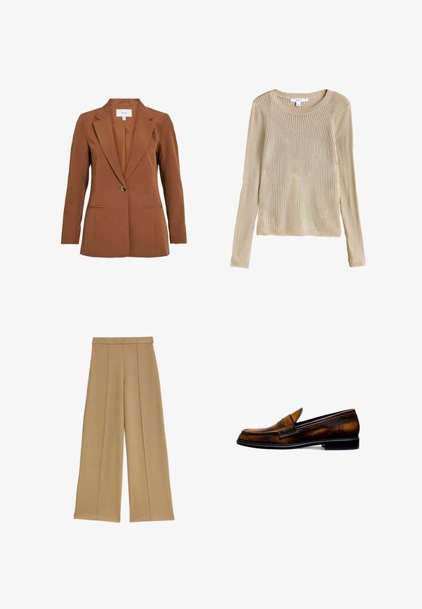 Bruine, op maat gemaakte blazer met een enkele knoopsluiting, met revers en twee voorzakken. Gemaakt van gestructureerde stof.; Beige geribbelde lange mouw gebreide trui met ronde hals en slim fit, plat weergegeven met label zichtbaar bij de kraag.; Brede beige broek met ingevomen plooien aan de voorkant en een hoge tailleband, weergegeven op een witte achtergrond.; Bruine leren instapper, met een gladde afwerking en stiksels. Standaardvorm, zwarte rubberen zool en slip-on ontwerp zonder veters.