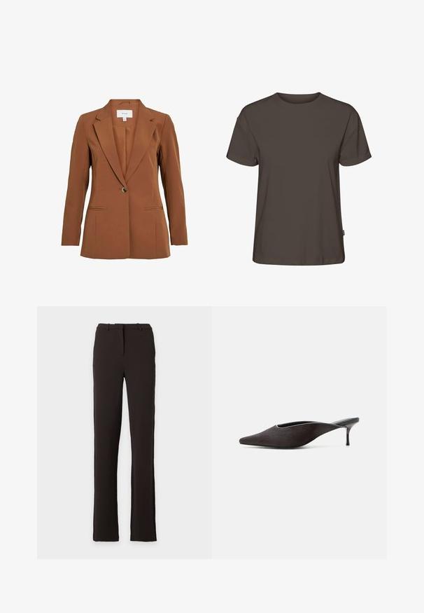 Brun, skræddersyet blazer med en enkelt knaplukning, notch-lapper og to forlommer. Fremstillet af tekstureret stof.; Ensfarvet mørkebrun t-shirt med korte ærmer, rund hals og afslappet pasform vist på hvid baggrund.; Sorte bukser med lige ben, bæltestropper og frontlynlås, vist mod en helt hvid baggrund. Ingen synlige mønstre eller udsmykninger.; Sort mule-sko med spids tå, lav stilet-hæl og glat finish, vist fra siden på en hvid baggrund.