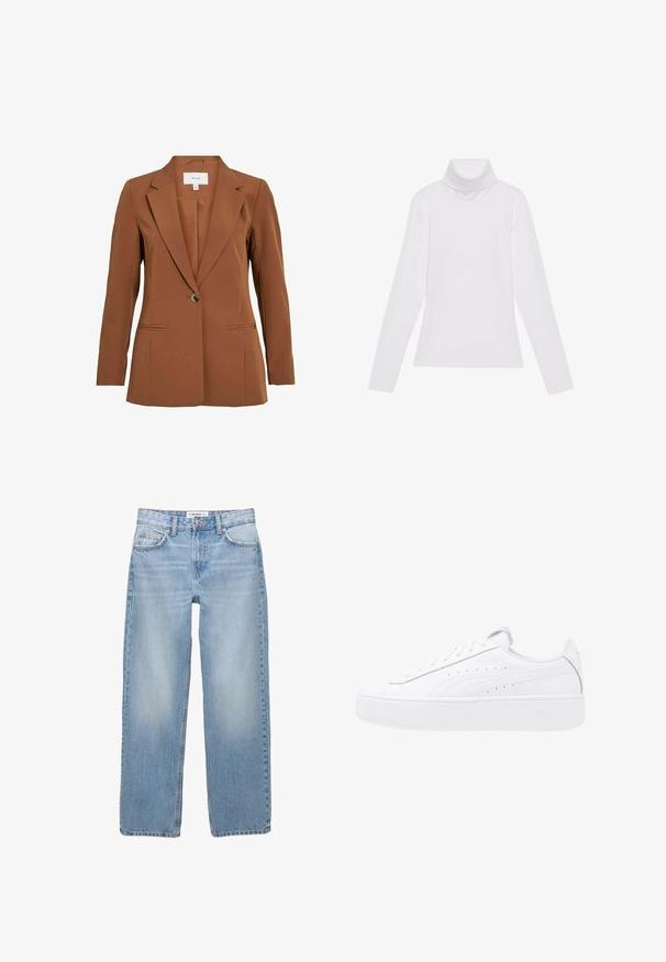 Bruine, op maat gemaakte blazer met een enkele knoopsluiting, met revers en twee voorzakken. Gemaakt van gestructureerde stof.; Witte lange mouw turtleneck top gemaakt van glad, elastisch materiaal. Voorzien van een hoge kraag en een getailleerd ontwerp, zonder zichtbare patronen of versieringen.; Lichtblauwe denim jeans met een recht model, vijf zakken en zichtbare stiksels. De stof heeft een zachte, iets vervaagde textuur.; Witte platte sneakers met leren bovenzijde, ronde neus en vetersluiting. Voorzien van zijperforaties en subtiele branding op de hak.