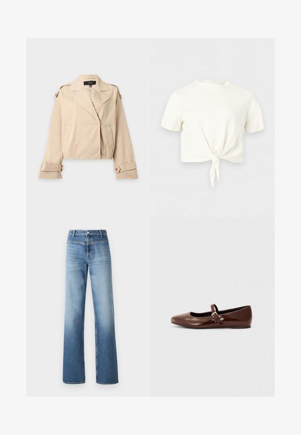 Trench-coat court beige avec larges revers, bretelles boutonnées aux épaules et poignets réglables boutonnés, posé à plat sur un fond blanc.; Crop top blanc à manches courtes avec col rond et détail noué à l'avant sur fond clair uni.; Jean en denim bleu clair avec taille haute, coupe droite, délavage et style classique à cinq poches. Fini avec une fermeture à bouton.; Ballerine en cuir verni marron avec un bout carré et une lanière ornée d'une petite boucle dorée. Texture lisse, talon bas et design minimaliste.