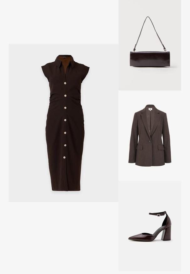 Brauner Blazer mit Nadelstreifen, mit Reverskragen, einem Knopfverschluss und zwei vorderen Taschen. Glatte Innenauskleidung in einem dunkleren Farbton.; Ärmelloses dunkelbraunes Midikleid mit Kragen und einer vorderen Reihe runder dekorativer Knöpfe auf einfarbigem Hintergrund.; Dunkelbrauner Leder-Pumps mit spitzer Kappe, hohem Absatz, Knöchelriemen und silberner Schnalle auf weißem Hintergrund.; Rechteckige schwarze Ledertasche mit einem einzelnen langen Riemen und glänzendem Finish, vor einem schlichten weißen Hintergrund präsentiert.