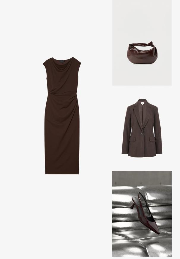 Brauner Blazer mit Nadelstreifen, mit Reverskragen, einem Knopfverschluss und zwei vorderen Taschen. Glatte Innenauskleidung in einem dunkleren Farbton.; Braunes knielanges Kleid aus glattem Stoff, mit Drapierung am Dekolleté, kurzen Ärmeln und gerafften Details auf einer Seite.; Glänzender, dunkelroter Slingback-Pumps mit hohem Absatz und spitz zulaufender Vorderkappe, präsentiert auf glänzendem, silbernem, gesteppter Lederoberfläche.; Dunkelbraune Lederschultertasche mit weicher, lockerer Form und einem gedrehten Knotengriff vor schlichtem weißem Hintergrund.